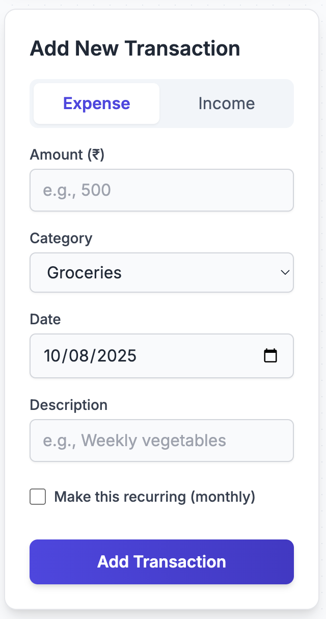 Screenshot of adding a new transaction in Kaasu.